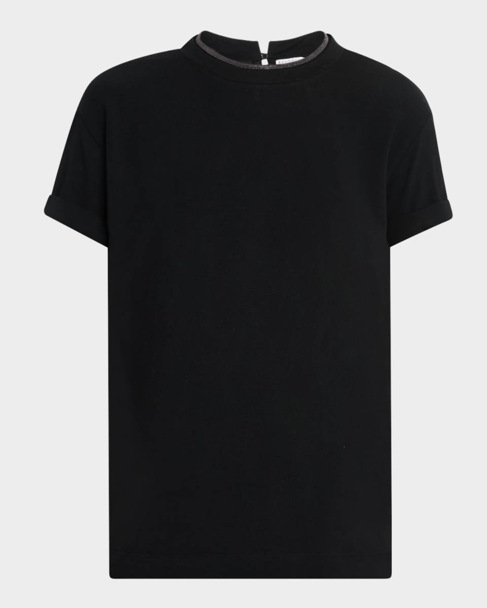 Monili-Neck Short-Sleeved Flat Cotton T-Shirt